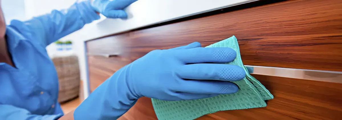 Cleaner wearing blue gloves wiping a wooden cabinet drawer with a microfiber cloth for dust and grime removal, Fort Collins, CO.