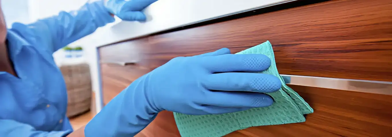 Cleaner wearing blue gloves wiping a wooden cabinet drawer with a microfiber cloth for dust and grime removal, Fort Collins, CO.