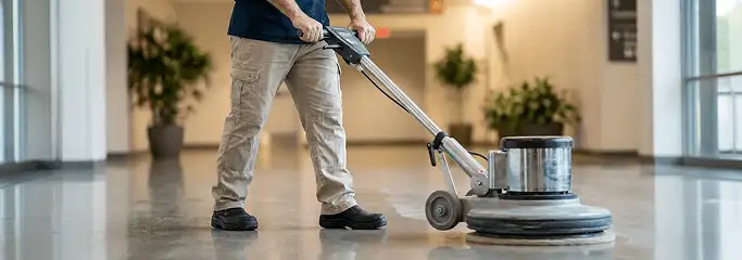 Professional technician using an industrial floor buffer to polish and maintain shiny commercial flooring in a corporate hallway in Fort Collins, CO.