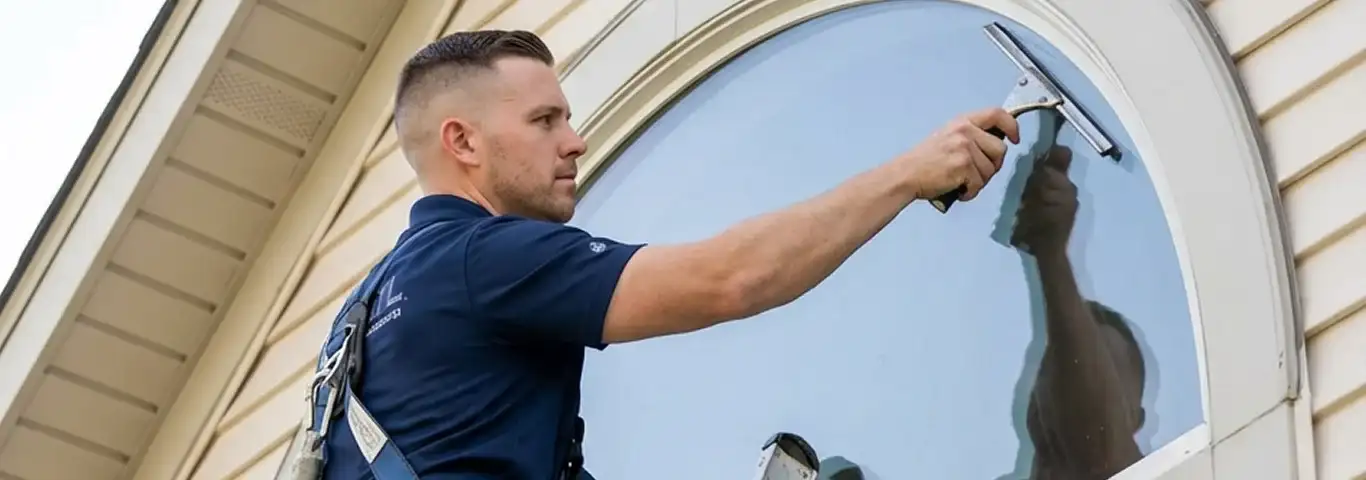 Professional window cleaner using a squeegee to clean an exterior arched window on a home, Fort Collins, CO.
