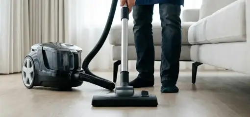 Professional house cleaner vacuuming a living room floor with a canister vacuum cleaner, Fort Collins, CO.