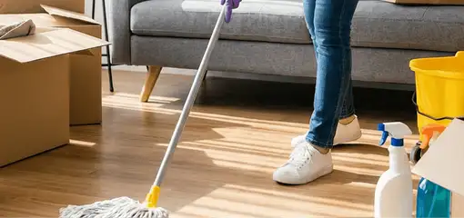 Move-out cleaning setup with a cleaner mopping hardwood floors near moving boxes and cleaning supplies, Fort Collins, CO.