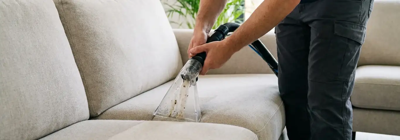 Technician extracting dirt and moisture from a fabric sofa with an upholstery cleaning wand, Fort Collins, CO.
