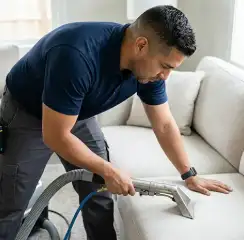 Professional upholstery cleaning technician using an extraction wand to deep-clean a fabric sofa, Fort Collins, CO.