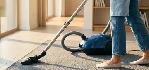 Person vacuuming a living room rug with a canister vacuum cleaner near large windows, Fort Collins, CO.
